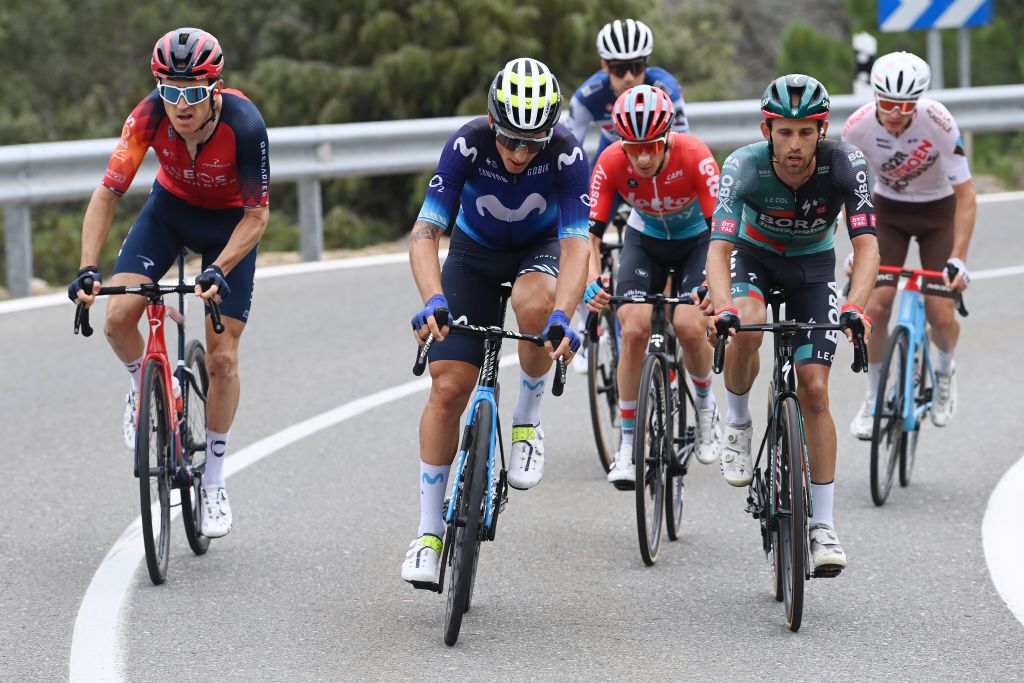 GUADARRAMA SPAIN SEPTEMBER 16 LR Geraint Thomas of The United Kingdom and Team INEOS Grenadiers Ivan Garcia Cortina of Spain and Movistar Team Sylvain Moniquet of Belgium and Team Lotto Dstny and Ben Zwiehoff of Germany and Team BORAHansgrohe compete in the breakaway during the 78th Tour of Spain 2023 Stage 20 a 2078km stage from Manzanares El Real to Guadarrama UCIWT on September 16 2023 in Guadarrama Spain Photo by Tim de WaeleGetty Images