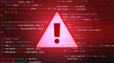 Red warning symbol imposed over computer code denoting a data security compromise.
