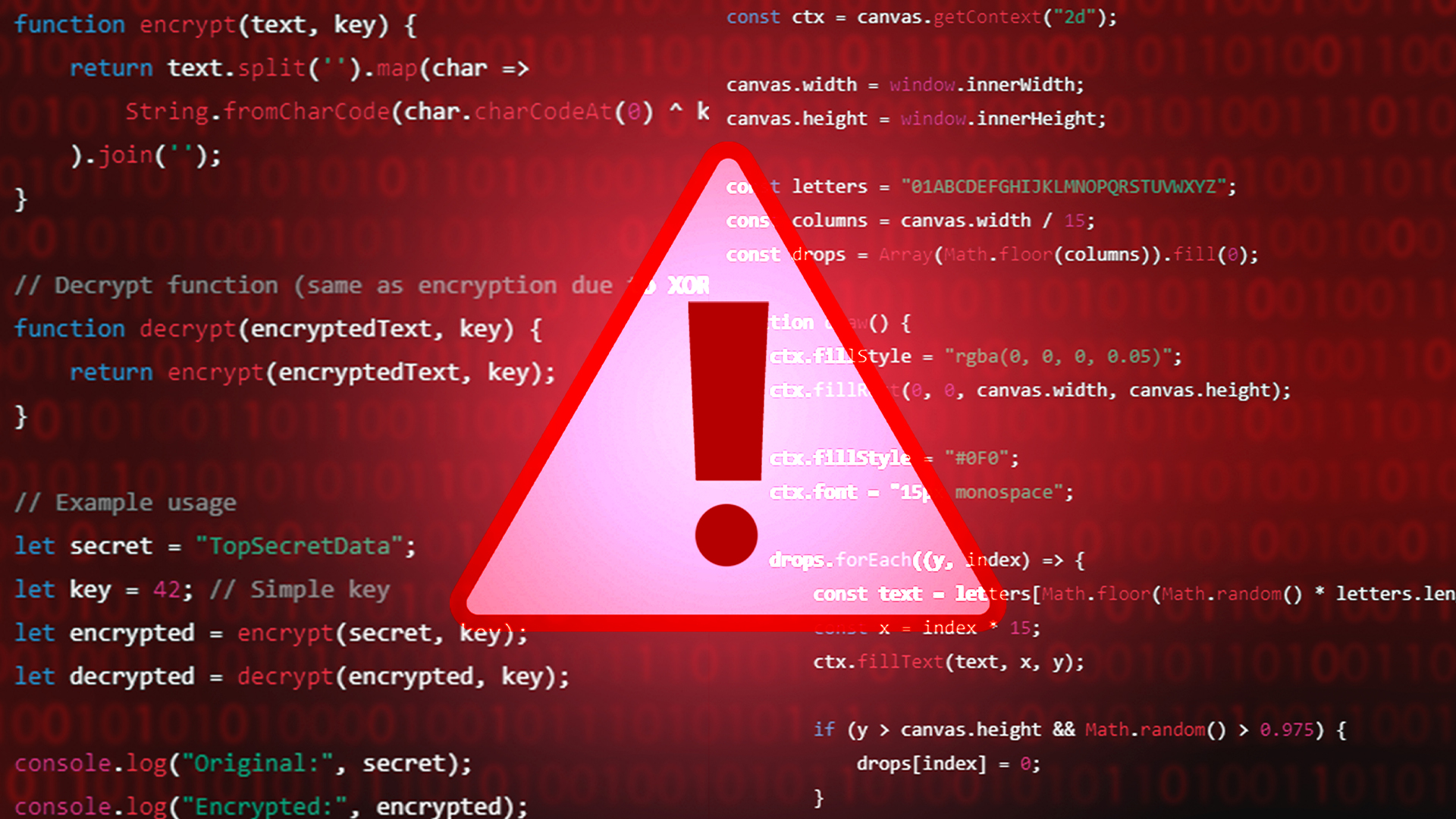 Red warning symbol imposed over computer code denoting a data security compromise.