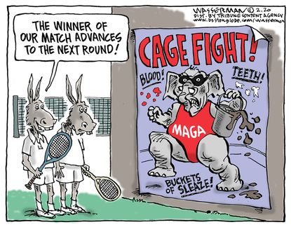 Political Cartoon U.S. Dems 2020 election GOP cage fight