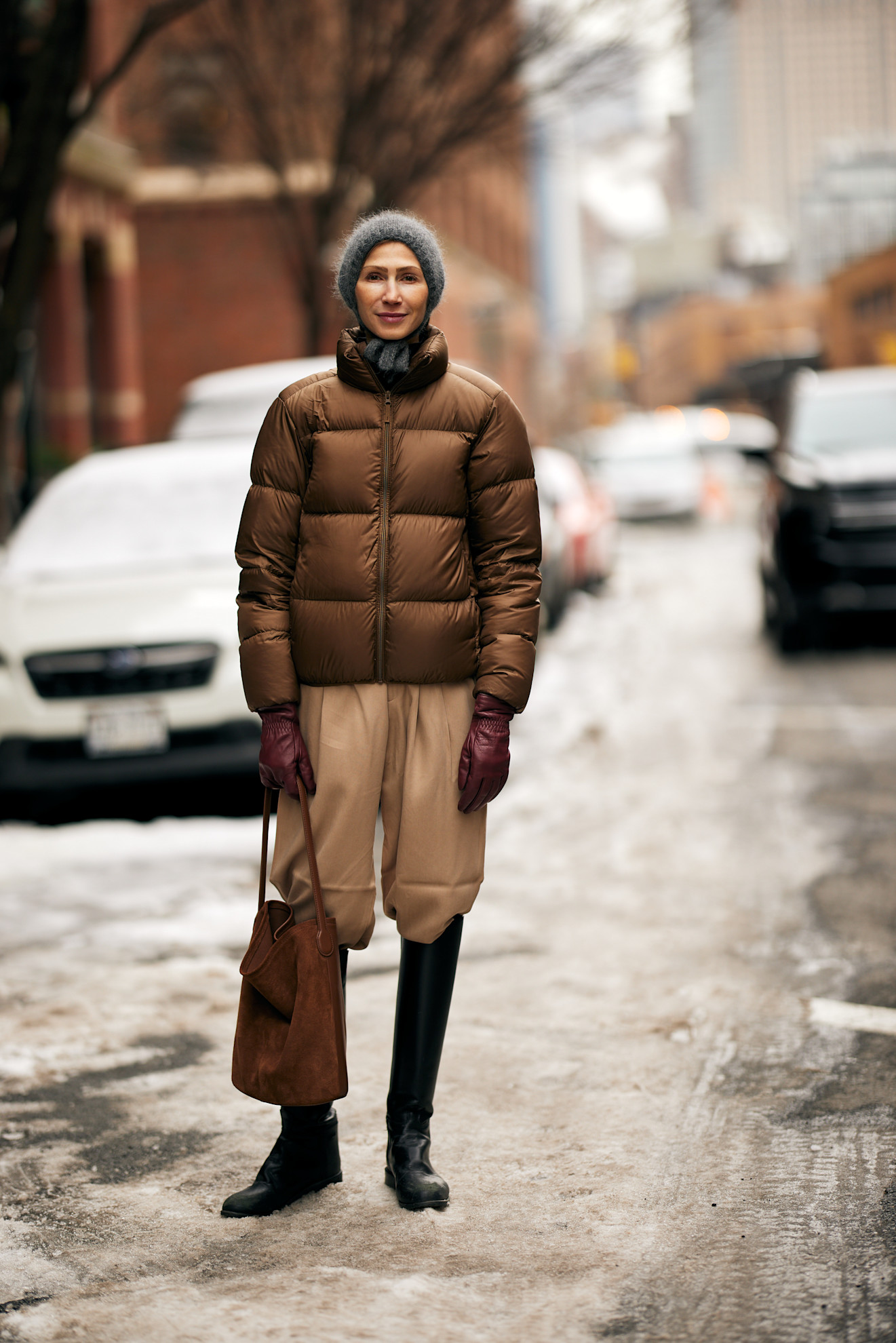 A woman at fashion wearing a puffer jacket outfit