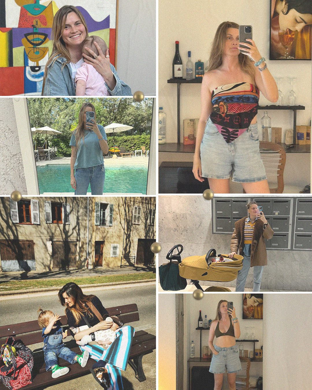 Collage of French editor and fashion creative Eugénie Trochu featuring her postpartum style, kids, and family.
