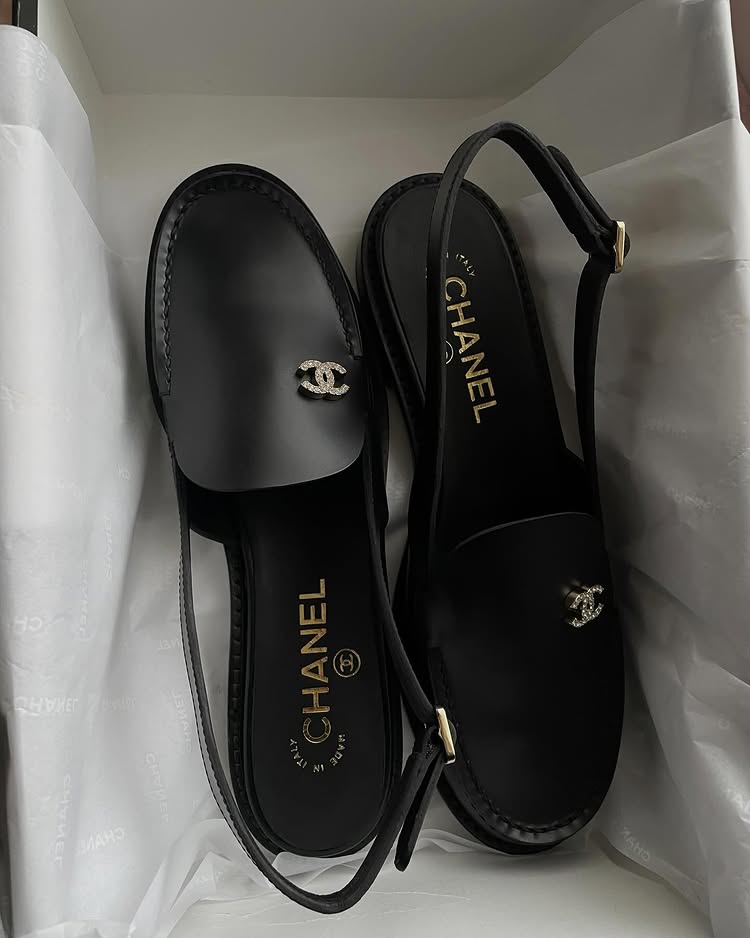 An image of @chiarasatelier&#039;s Chanel slingback loafers, proving that designer loafers are in style for 2025.