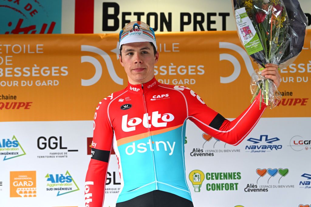 BESSEGES FRANCE FEBRUARY 03 Arnaud De Lie of Belgium and Team Lotto Dstny celebrates at podium as stage winner during the 53rd Etoile de Besseges Tour Du Gard 2023 Stage 3 a 16971km stage from Bessges to Bessges EDB2021 on February 03 2023 in Besseges France Photo by Luc ClaessenGetty Images