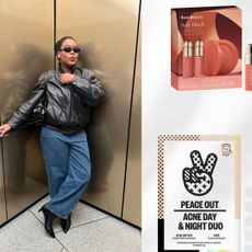 A collage of Ariel Baker beside a few beauty products that can be shopped during Black Friday/Cyber Monday