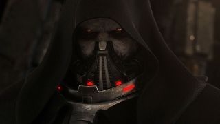 Still from the video game Star Wars: Knights of the Old Republic. Close up of a menacing hooded figure with pale skin and glowing eyes. They are wearing a mask covering their nose and mouth.