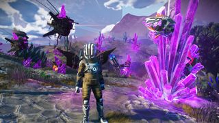 A player standing on an alien planet in the space game, No Man's Sky.