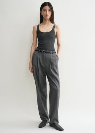 Double-Pleated Tailored Trousers Grey Melange