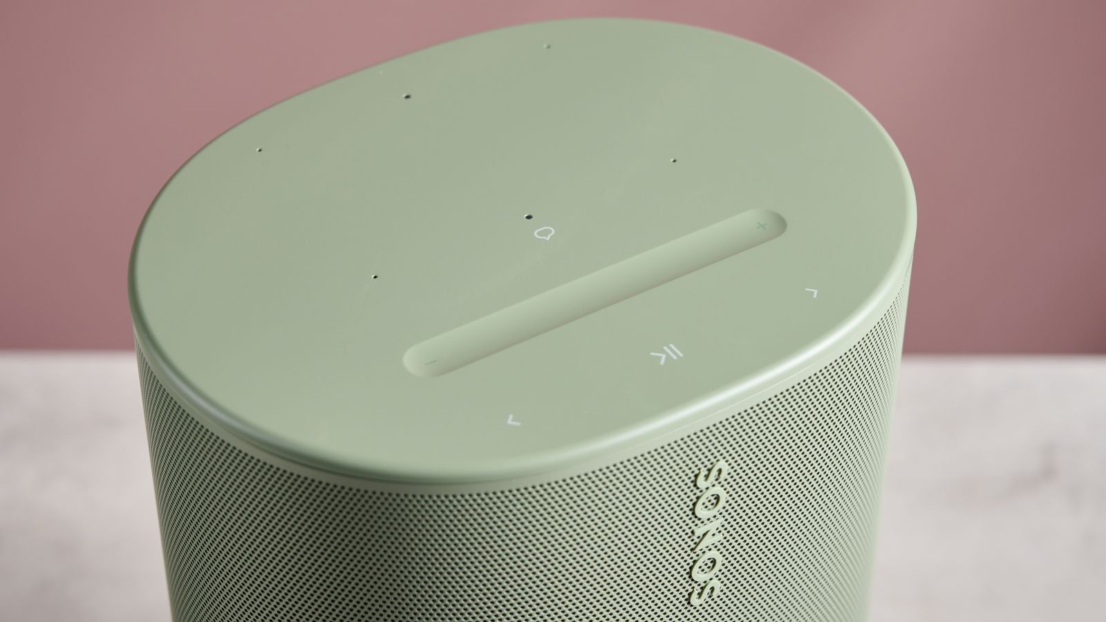 The top of the Sonos Move 2, showing its play, pause, skip and voice buttons, as well as its volume slider.