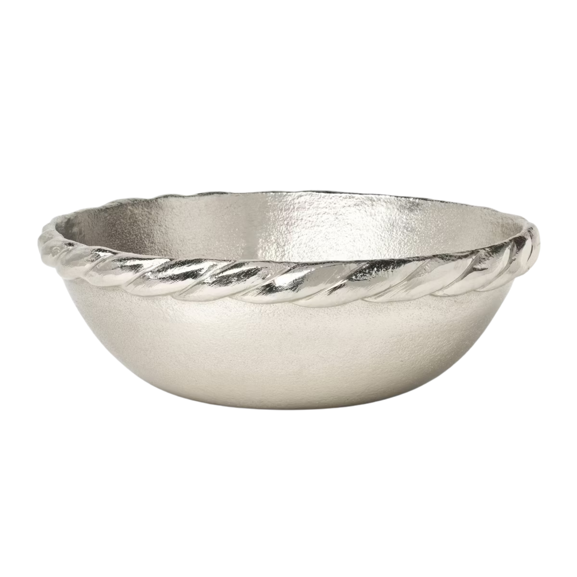 a silver bowl with a twisted rim
