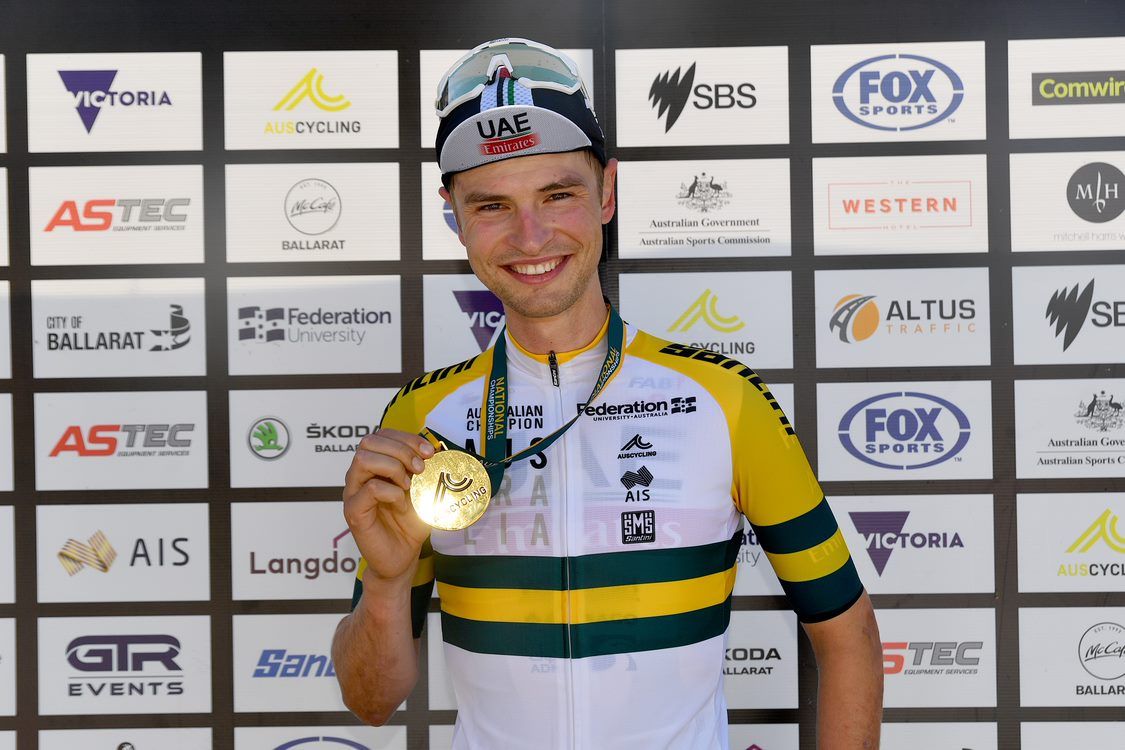 Jay Vine (UAE Team Emirates) after claiming victory in the elite men&#039;s time trial at the AusCycling National Championships 2023