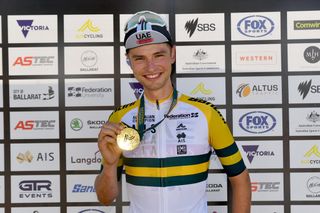 Jay Vine (UAE Team Emirates) after claiming victory in the elite men's time trial at the AusCycling National Championships 2023