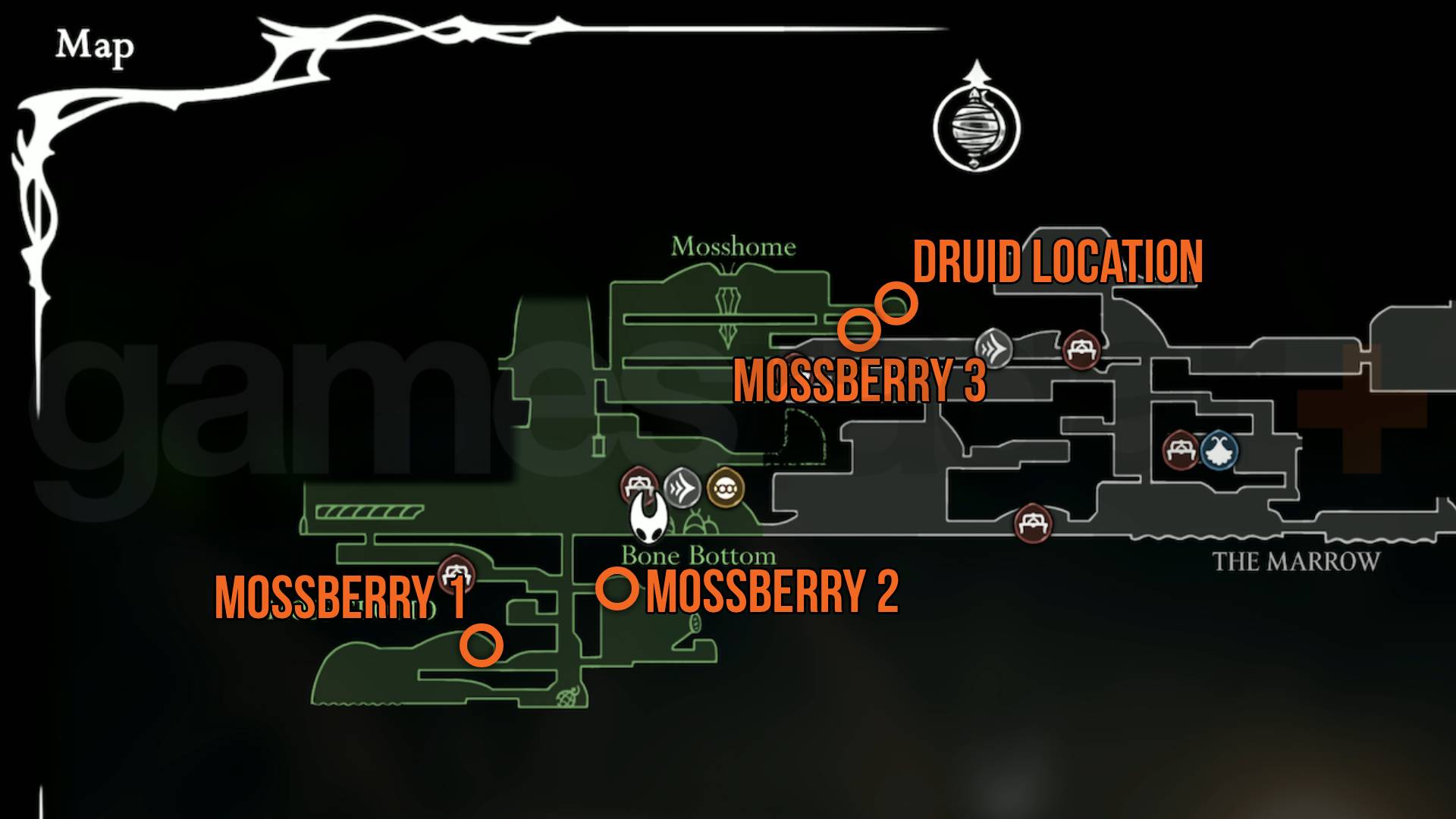 Hollow Knight Silksong mossberries marked on map