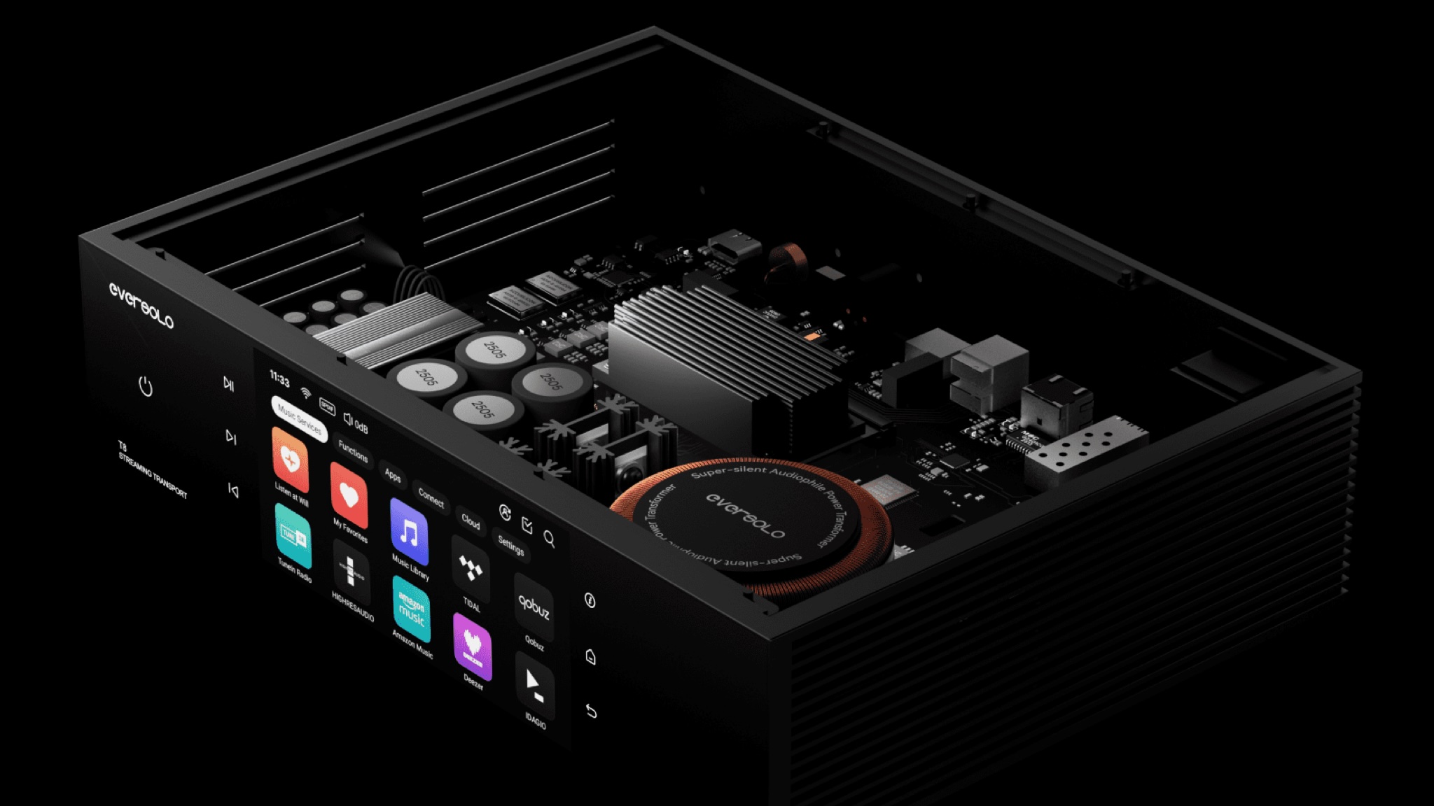 An angled view of the Eversolo T8 streaming transport with the top of its case removed so you can see the electronics inside