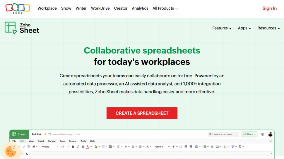 Zoho Sheet website screenshot (February 2026).