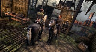 Two horseriders stare at each other in a ruin