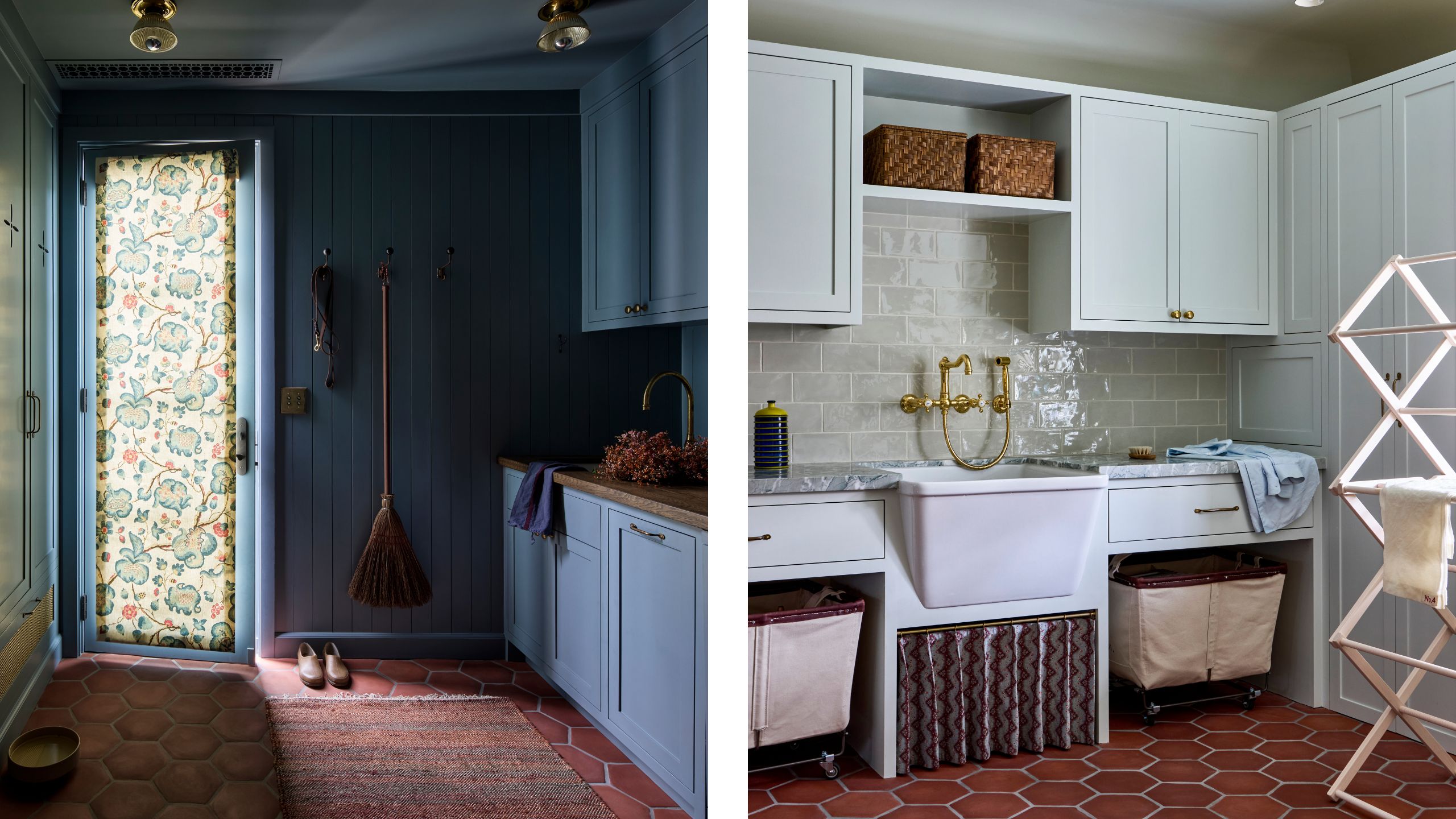two side by side images - on the left, a deep blue mudroom and the right a pale blue laundry with terracotta floors