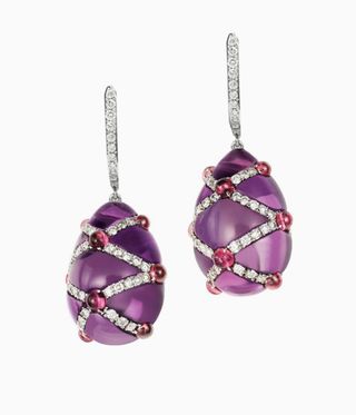 Hanging purple amythests from diamond links earrings