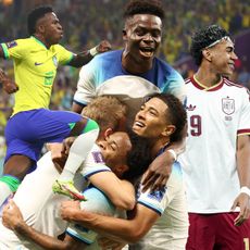 A collage featuring overlapping images of players during World Cup play, including Lionel Messi, Lamine Yamal, and Jude Bellingham.