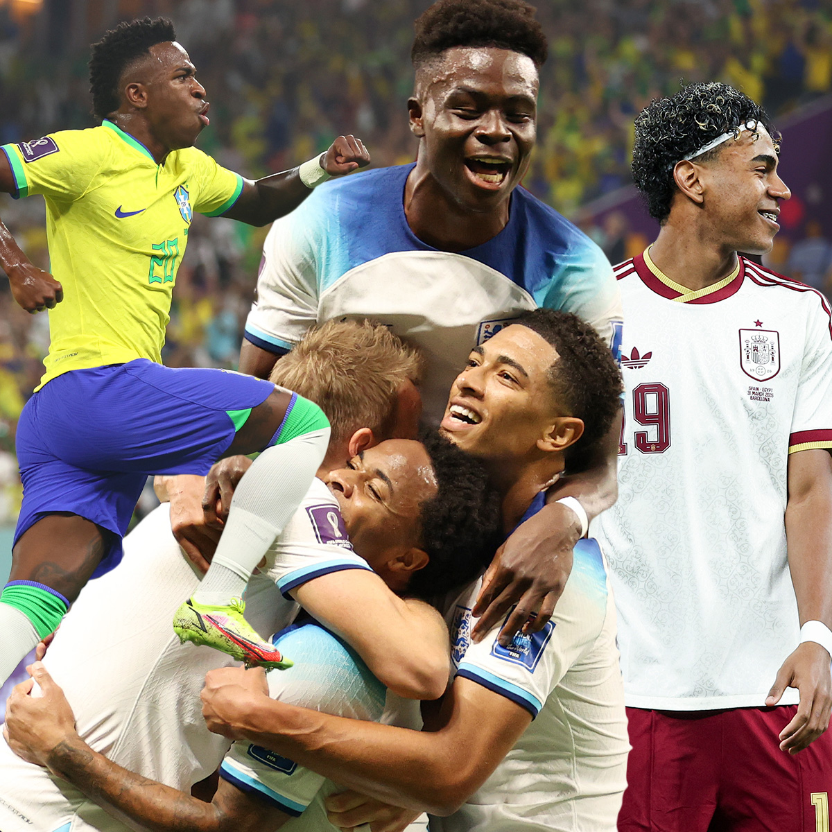 A collage featuring overlapping images of players during World Cup play, including Lionel Messi, Lamine Yamal, and Jude Bellingham.