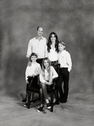 Prince William, Kate Middleton, Prince Louis, Princess Charlotte and Prince George in black and white for Christmas card 2023