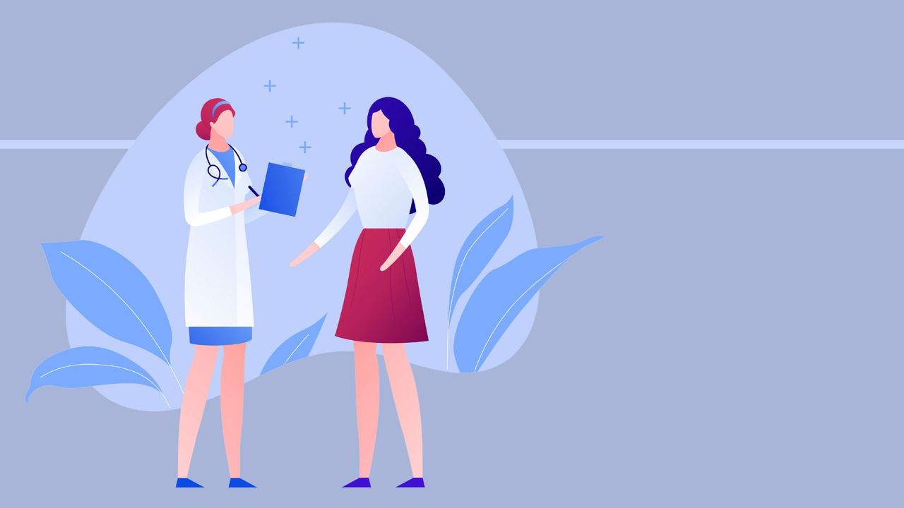 An illustration of a doctor and woman talking, to demonstrate questions to ask your gynecologist about menopause