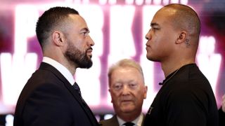 Fabio Wardley and Joseph Parker go head to head as promoter Frank Warren looks on during a press conference ahead of their heavyweight fight on the &lsquo;All of Nothing&rsquo; Queensbury fight card at Glaziers Hall on September 09, 2025 in London, England. 