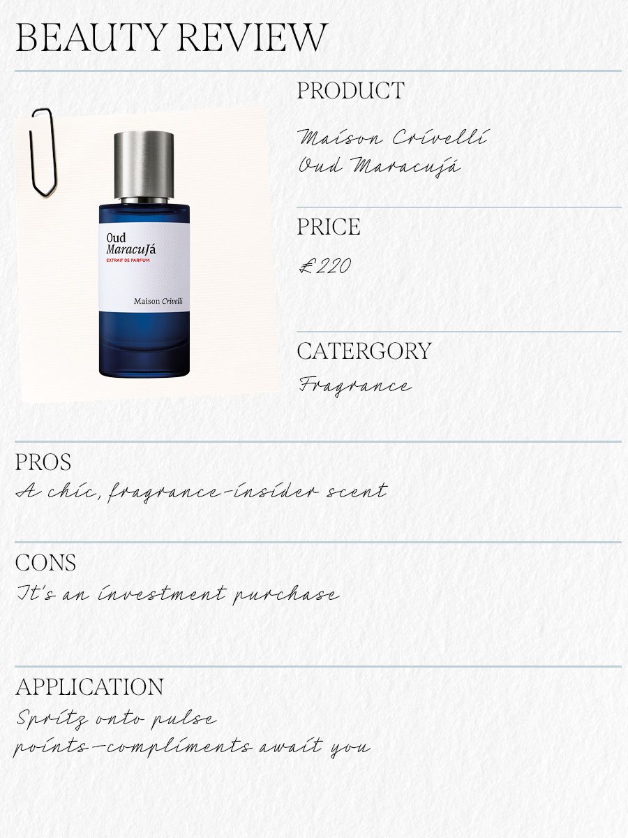 A crib sheet of Maison Crivelli Oud Maracuja perfume