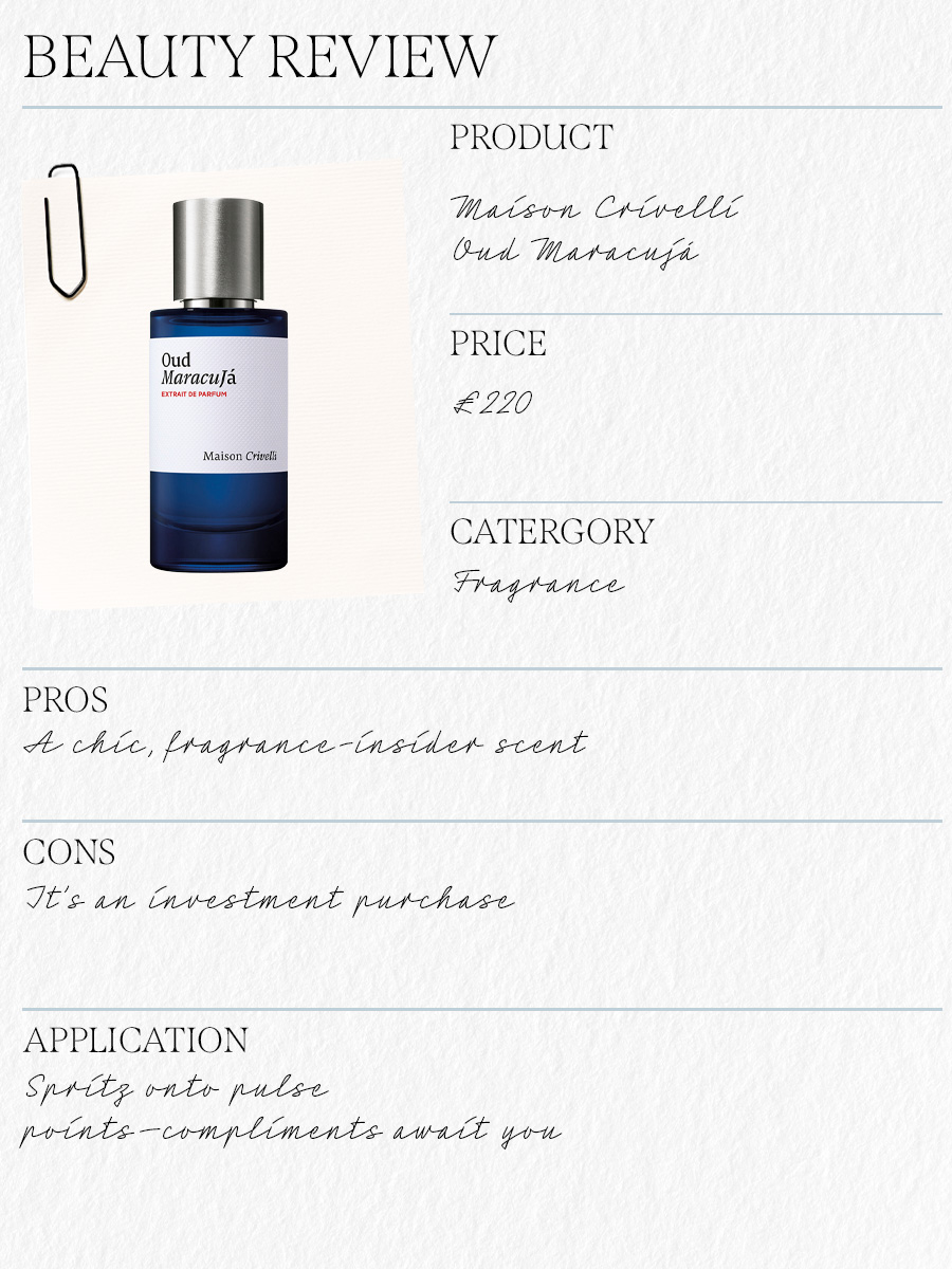A crib sheet of Maison Crivelli Oud Maracuja perfume