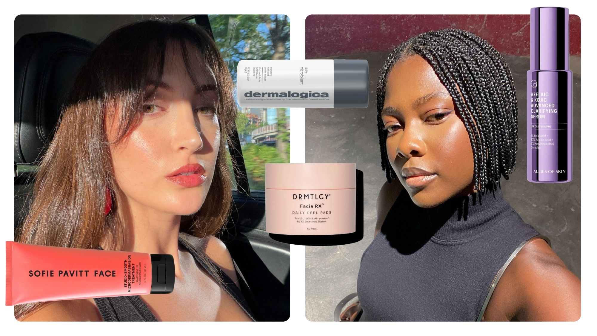 A collage of Who What Wear editor Alyssa Brascia and content creator Jullie Jeine with facial exfoliators overlaid.