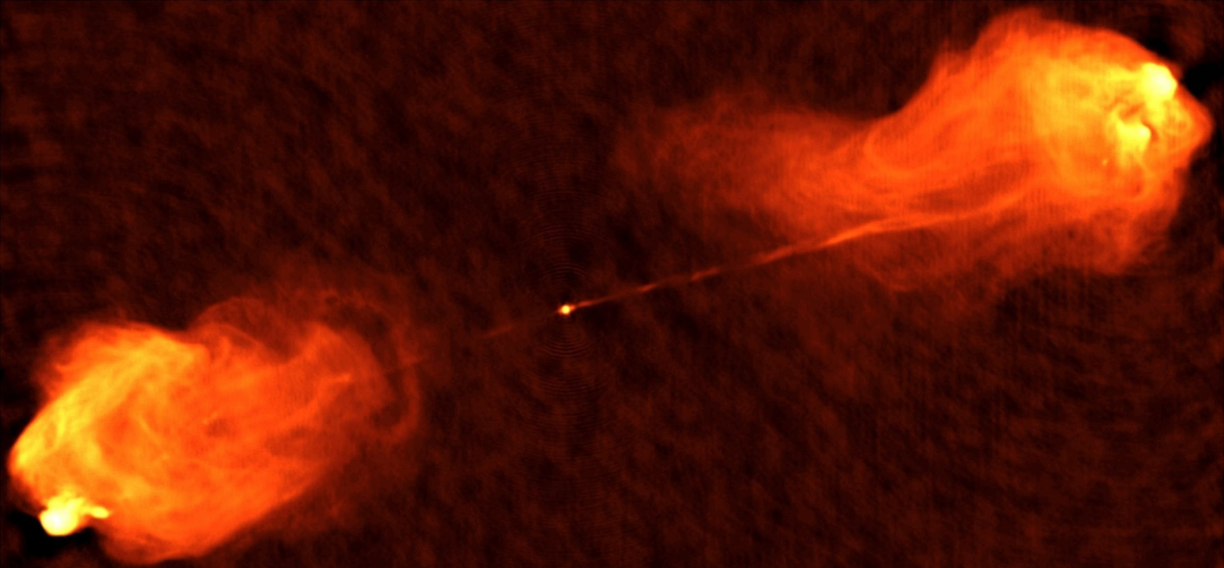 Radio data from the National Science Foundation's Very Large Array facility were used to create this image of Cygnus A, the brightest radio source in the sky found outside of our galaxy.