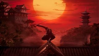 Assassin sits atop a flared roof with a red sunset in the background.