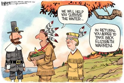 Political cartoon U.S. Thanksgiving pilgrims Native Americans Elizabeth Warren