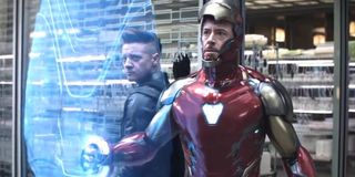 Avengers: Endgame Hawkeye and Iron Man stand in defensive positions
