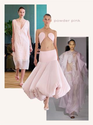 A collage with the words "powder pink" printed on it and three S/S 25 runway images from Carven, Alaïa, and Khaite.