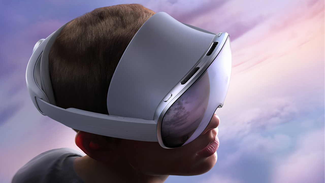 Samsung Galaxy XR on male head with clouds behind