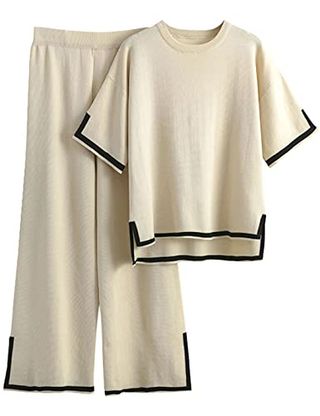 Tanming Sweater Sets Women 2 Piece Lounge Sets Short Sleeve Knit Pullover Tops Wide Leg Pants (apricot-M)