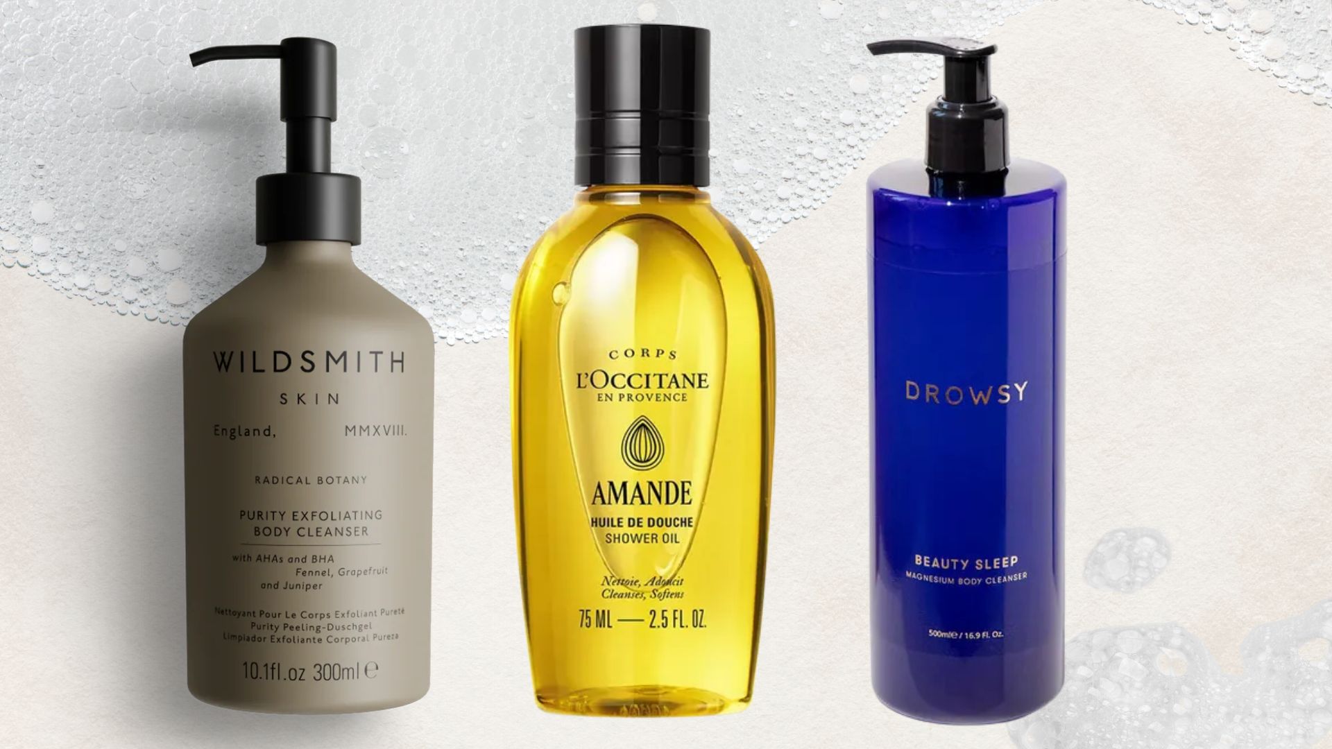 three body washes on a bubbly background, by wildsmith, loccitane and drowsy