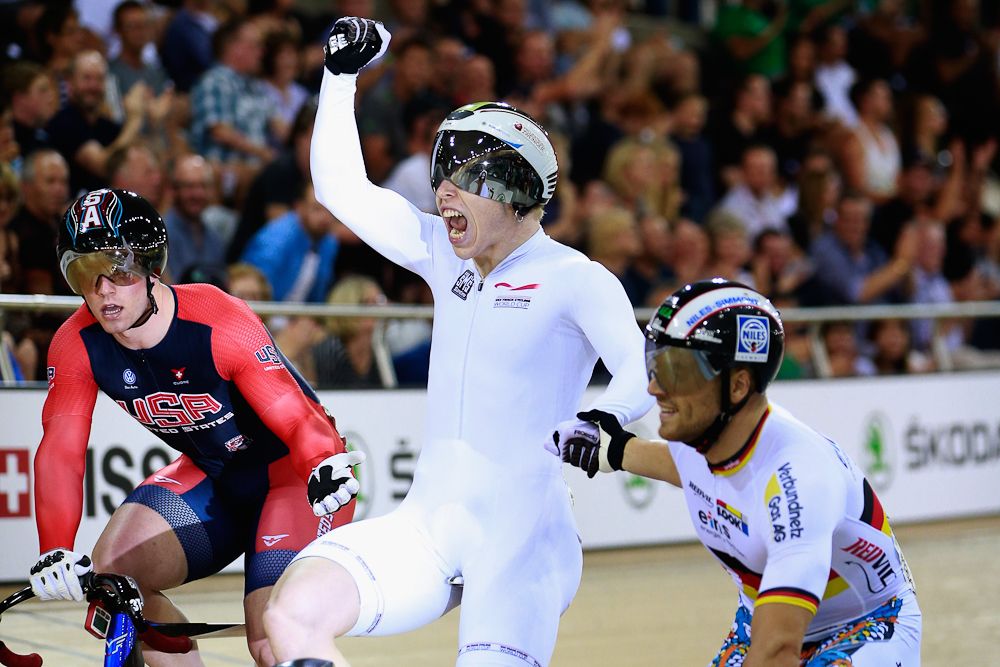 Joachim Eilers of Germany celebrates winning the final of the Mens Keirin