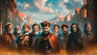 A lineup of medieval merchants, criminals, and townsfolk