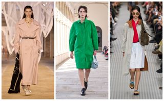 rain jackets on the spring 2025 runways of Lacoste, Bally, and Miu Miu