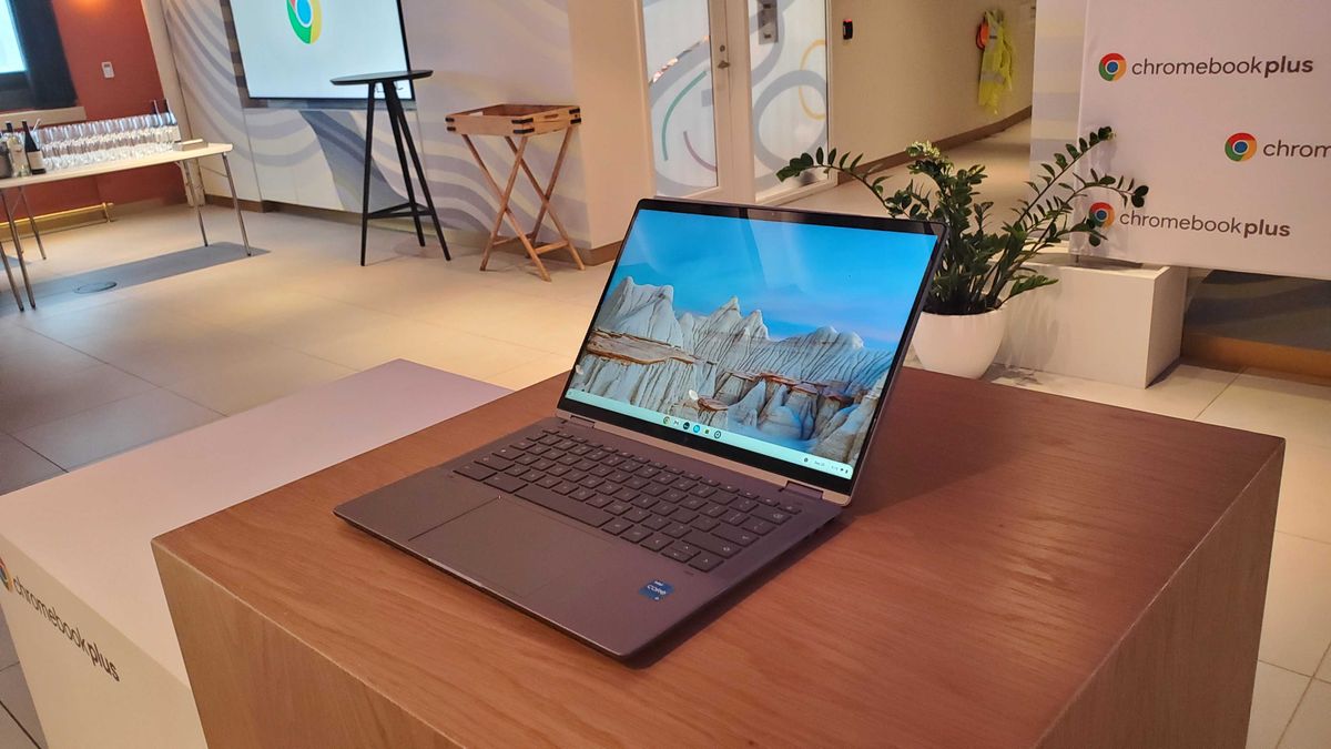 Chromebook Plus laptop on wooden table