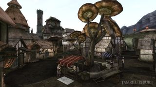 A screenshot of a town square with a giant mushroom in the middle from Tamriel Rebuilt.