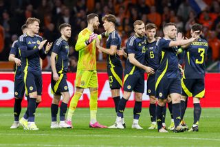 Scotland Euro 2024 squad team of Scotland prior to the friendly match between Netherlands and Scotland at Johan Cruijff ArenA on March 22, 2024 in Amsterdam, Netherlands. (Photo by Marcel ter Bals/DeFodi Images via Getty Images)