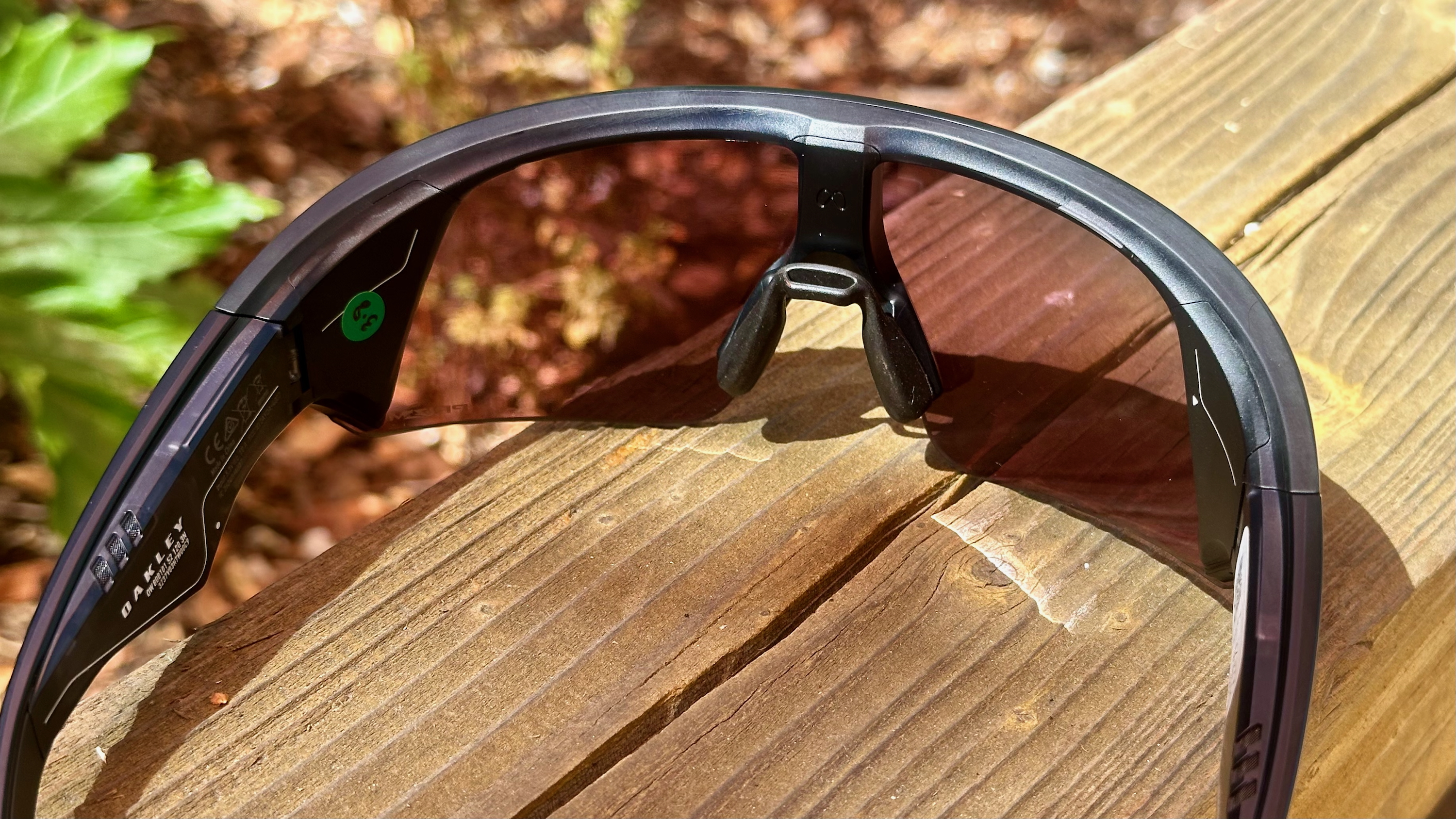 Photo of the Oakley Meta Vanguard smart glasses from the back, showing the displays, nose guards, and Oakley Meta logo.