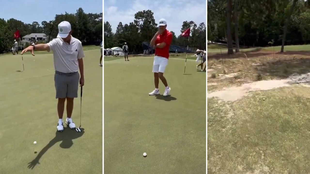 A three-image screenshot of a golf ball rolling off a green at Pinehurst No. 2 course