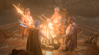Four heroic halfling barbarians from Baldur's Gate 3 gather around a fire, weapons drawn, shirts off, prepared for an adventure.