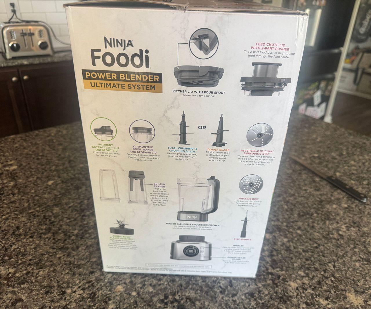 The side of the box for the Ninja Foodi Power Blender Ultimate System showing pictures of each attachment.