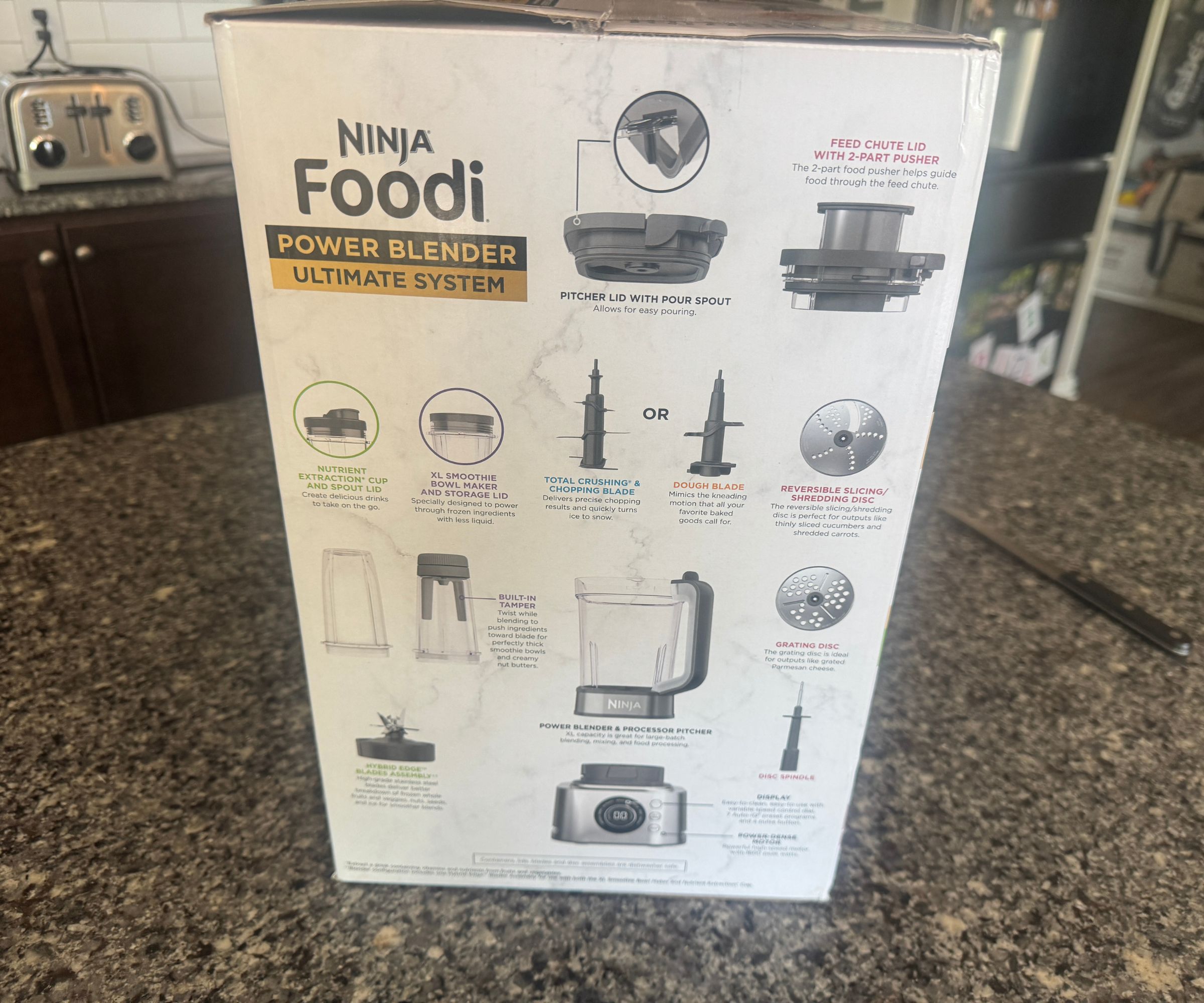 The side of the box for the Ninja Foodi Power Blender Ultimate System showing pictures of each attachment.