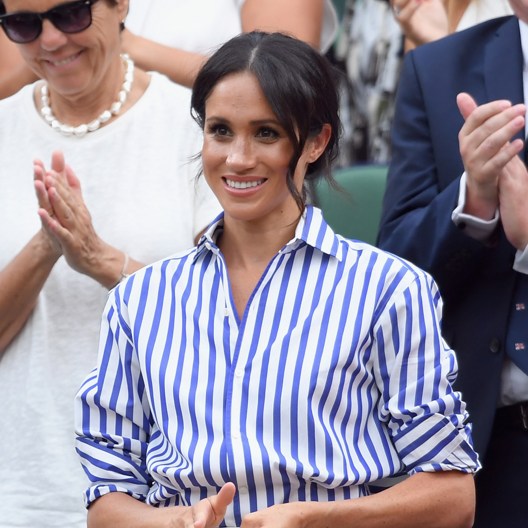 Meghan Markle and Kate Middleton twin in matching Ralph Lauren Capri shirts both featuring stripes